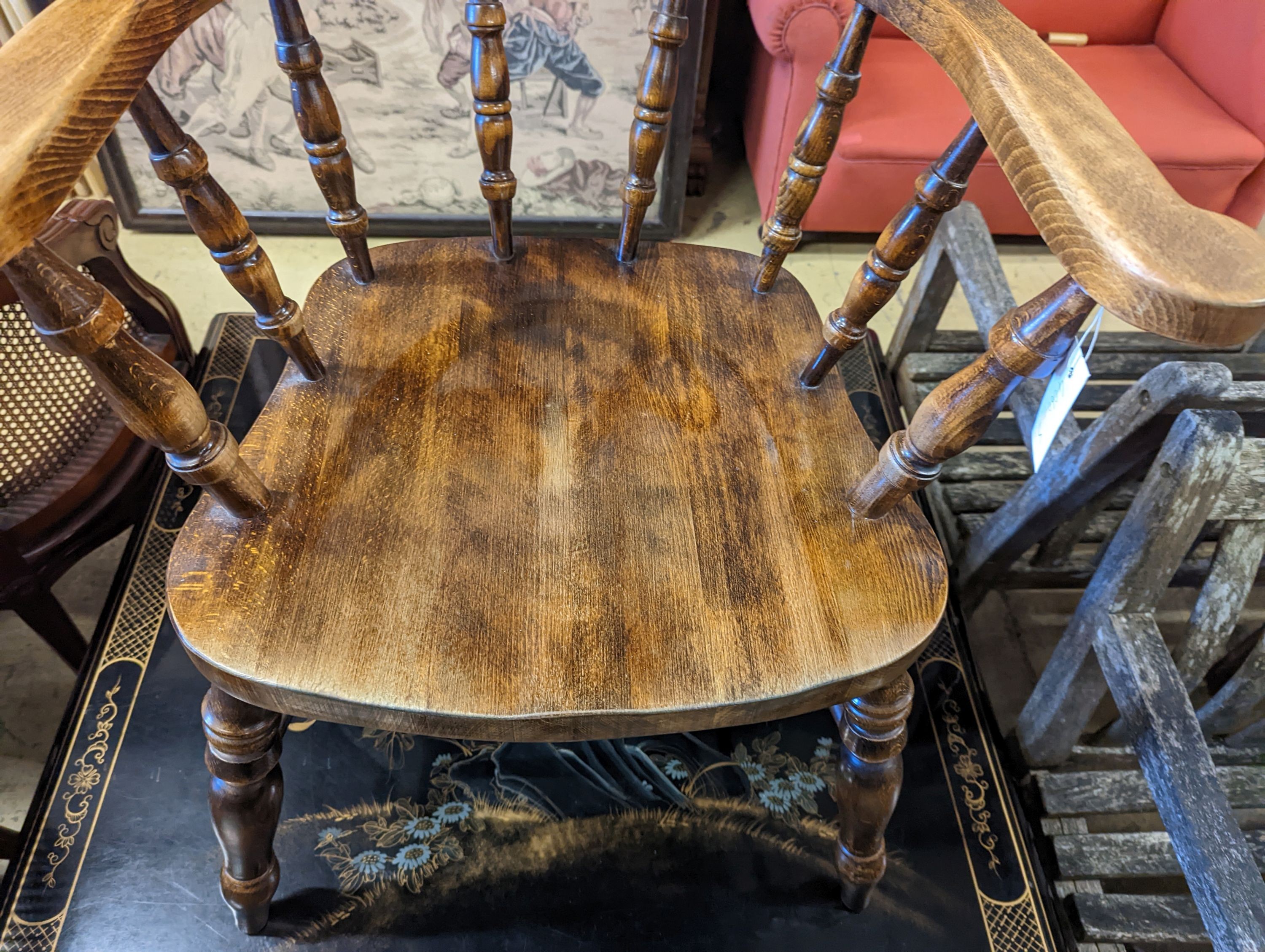 A Victorian style beech smoker's bow chair, width 63cm, depth 45cm, height 80cm